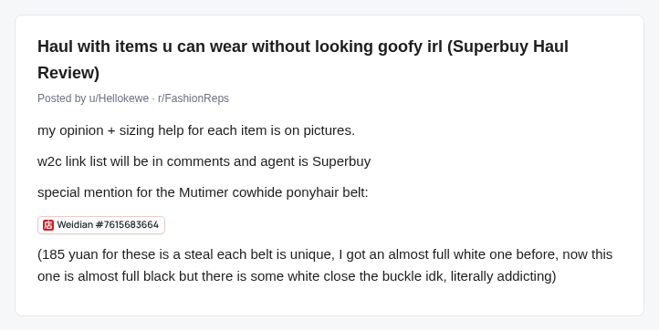 A Weidian link inline in a Reddit post, converted to a Repcurate agent badge with its real logo