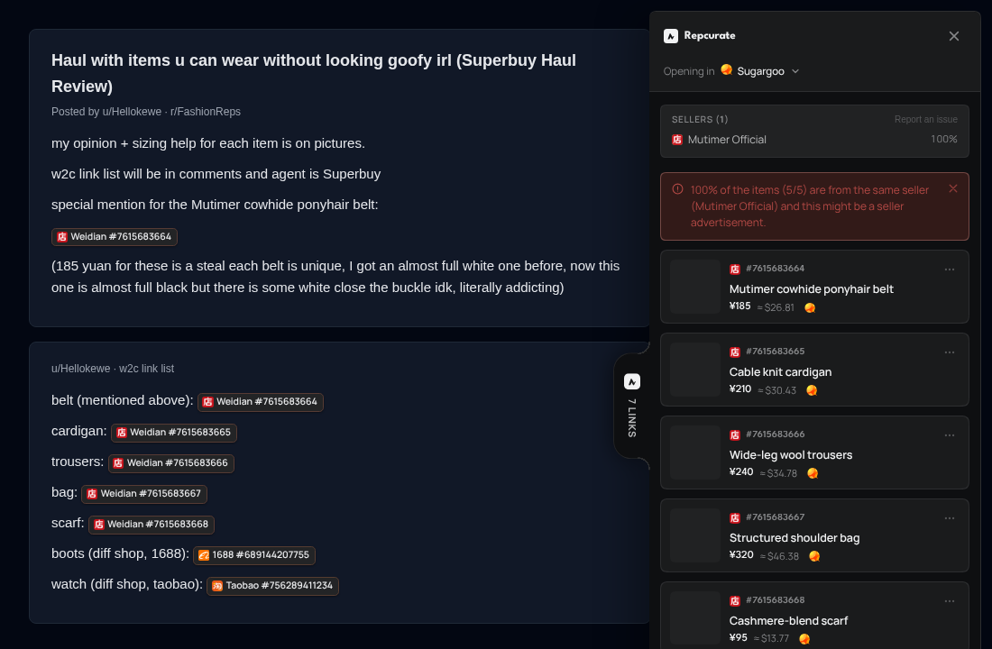 The same seller-warning sidebar panel in dark theme