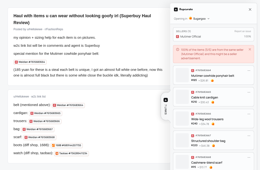 Repcurate sidebar open on a real Reddit haul post, flagging that 5 of 5 linked items are from the same seller